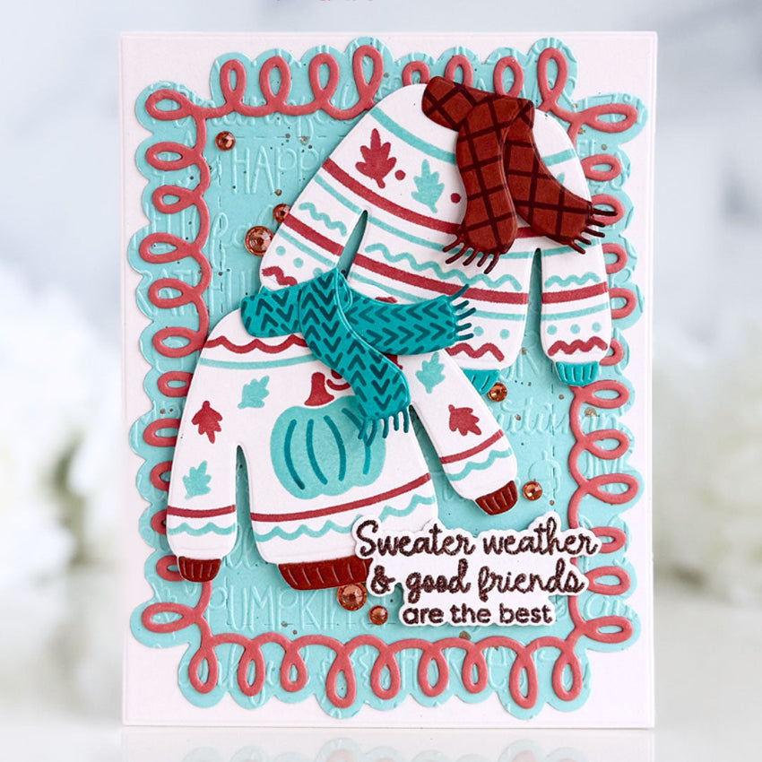 Pink and Main Sweater Dies and Stencils pmn903 red and blue card