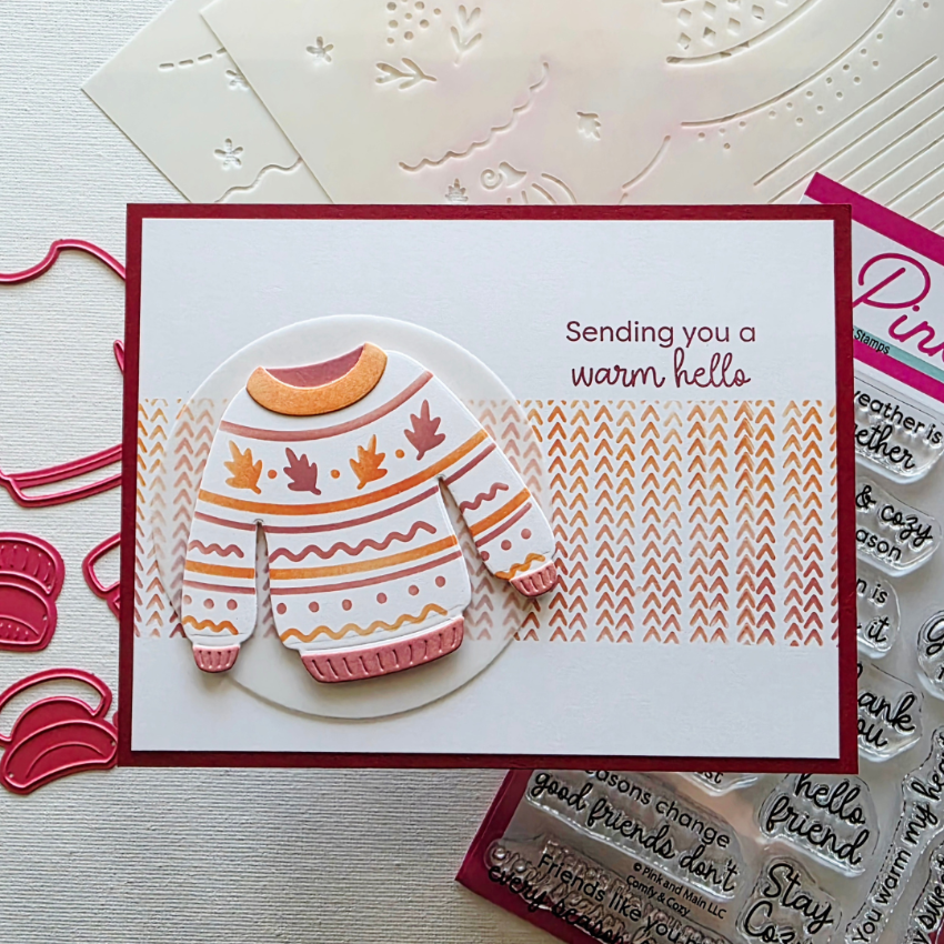 Pink and Main Sweater Dies and Stencils pmn903 sending you a warm hello card