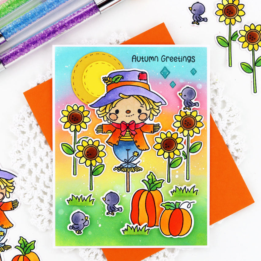 Pink and Main Sweet Scarecrow Clear Stamps pm0899 colorful background card