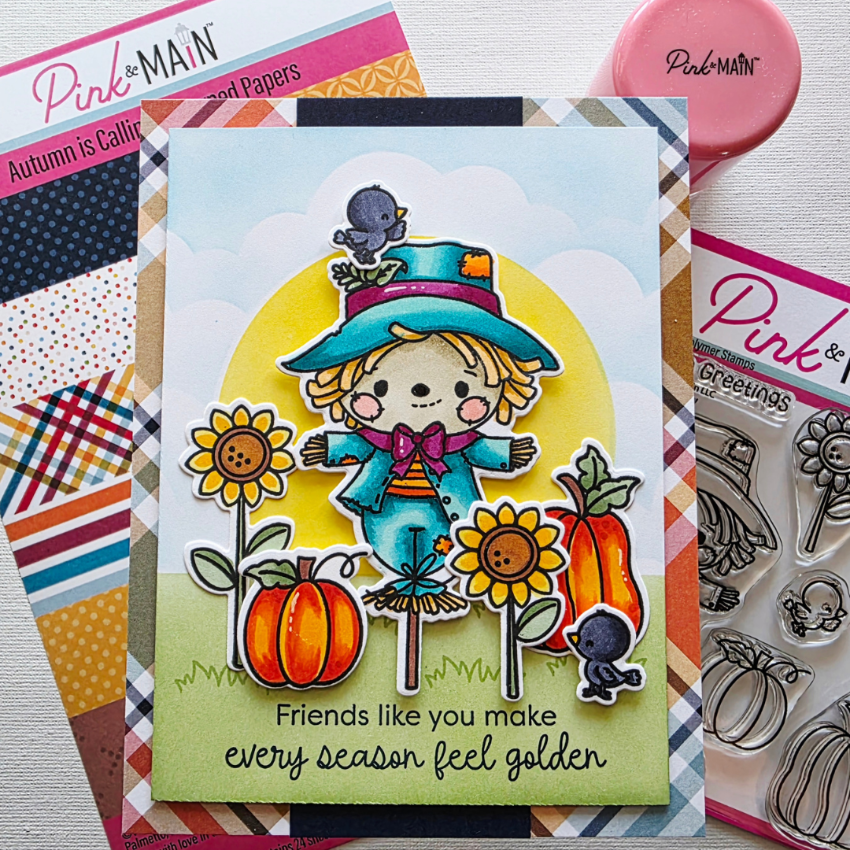 Pink and Main Sweet Scarecrow Clear Stamps pm0899 friends are golden card