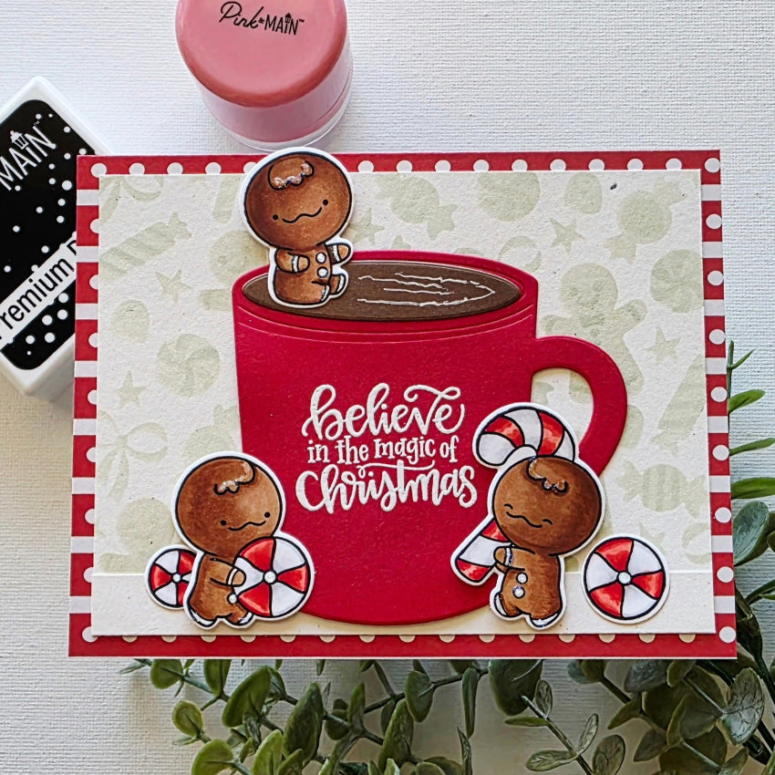 Pink and Main Sweet Tidings Clear Stamp and Die Set cup of hot cocoa card