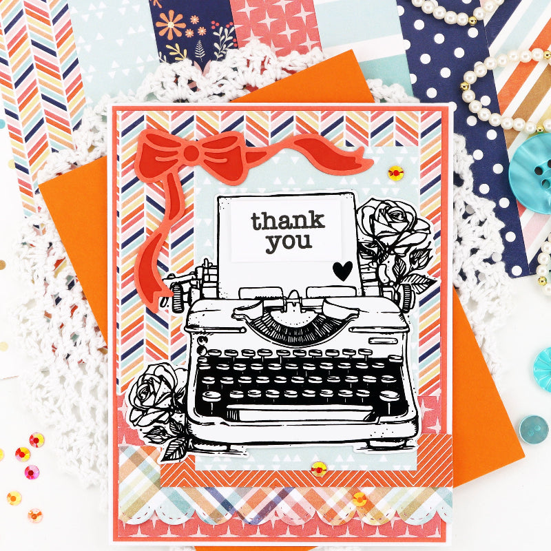 Pink and Main Typed Greetings Clear Stamp and Die Set orange bow