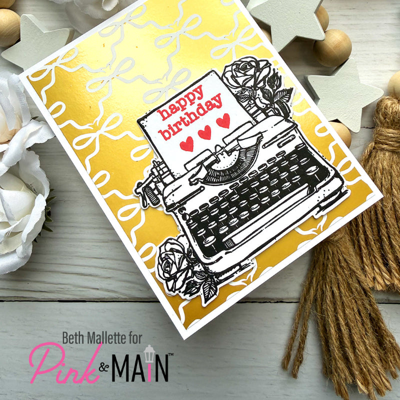 Pink and Main Typed Greetings Clear Stamps pm0871 golden background