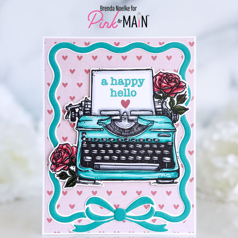 Pink and Main Typed Greetings Die pnm860 blue bow