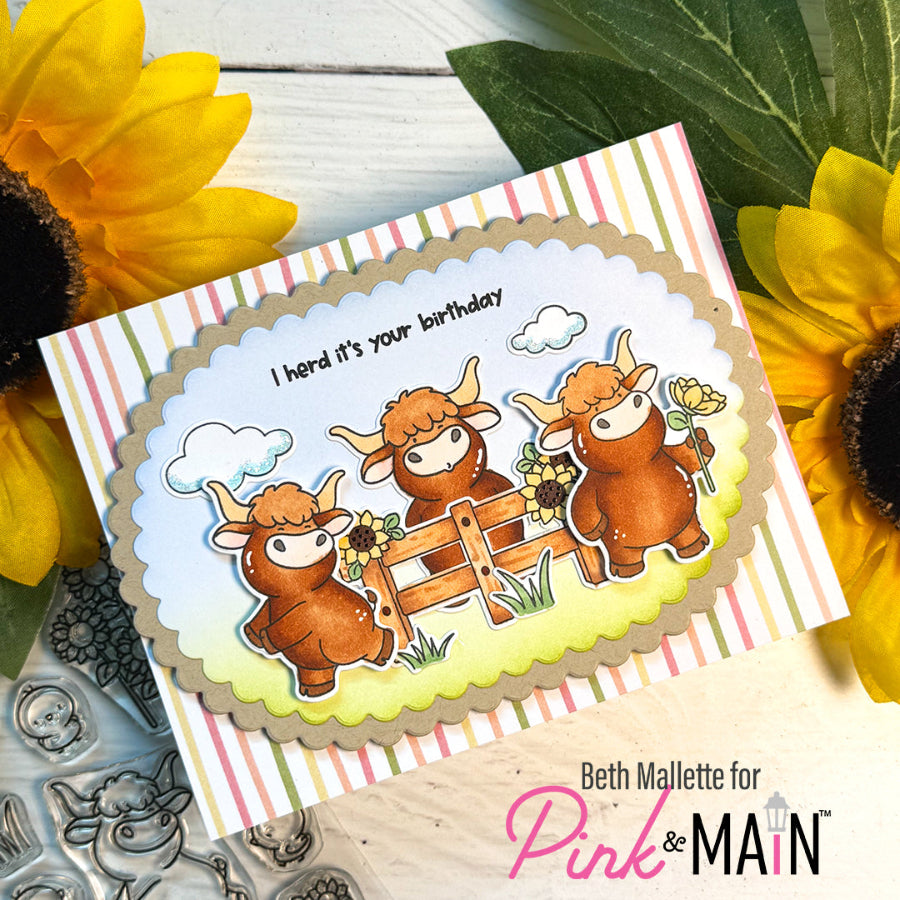 Pink and Main Udderly Adore You Clear Stamp and Die Set it's your birthday stripes card