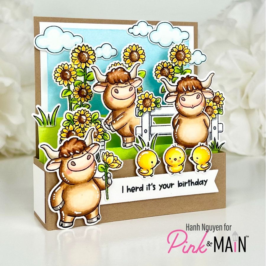 Pink and Main Udderly Adore You Clear Stamp and Die Set yellow sunflowers card