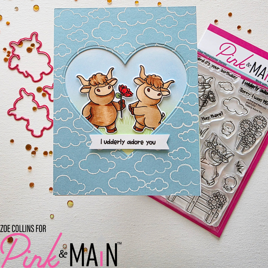 Pink and Main Udderly Adore You Dies pnm891 blue background clouds heart card