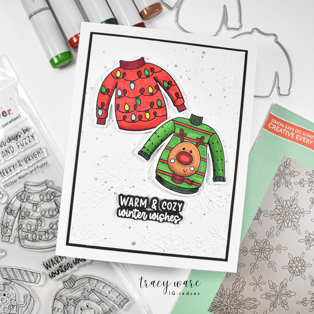 Pink and Main Warm and Fuzzy STAMPtember Exclusive Stamps 3503ssc Tracy Ware Holiday Sweaters Card