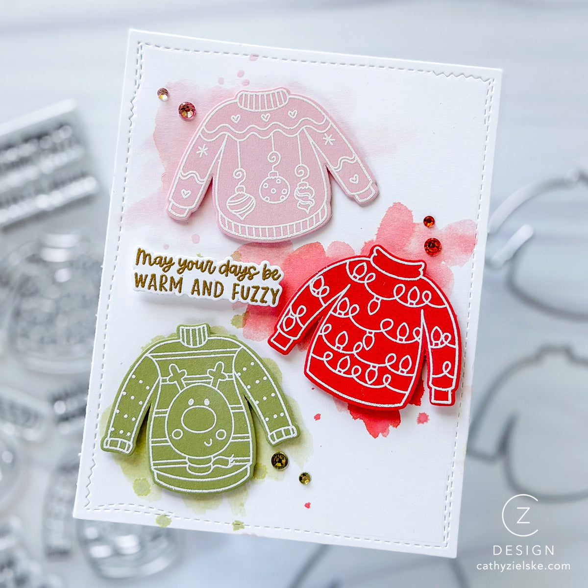 Pink and Main Warm and Fuzzy STAMPtember Exclusive Stamps and Dies Cathy Zielske Holiday Sweaters Card 