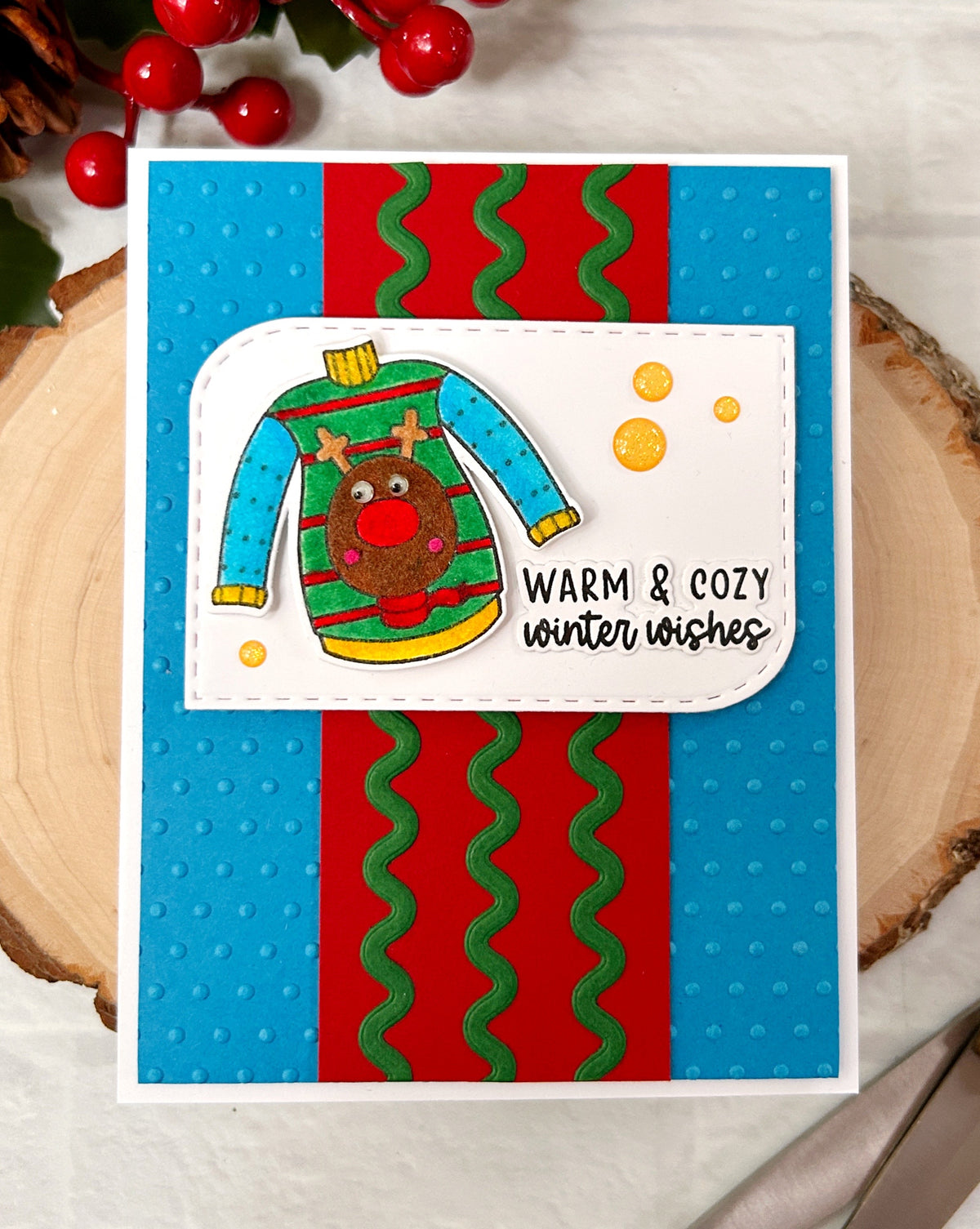 Pink and Main Warm and Fuzzy STAMPtember Exclusive Stamps and Dies Libby Hickson Holiday Sweater Card with Reindeer
