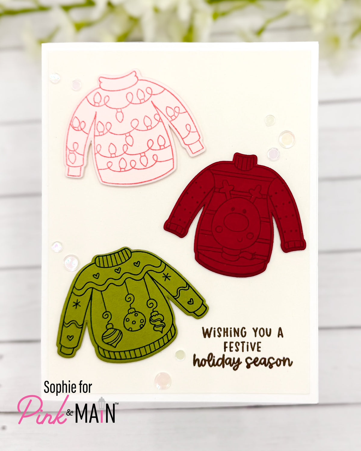Pink and Main Warm and Fuzzy STAMPtember Exclusive Stamps and Dies Sophie Farah Holiday Sweaters Card