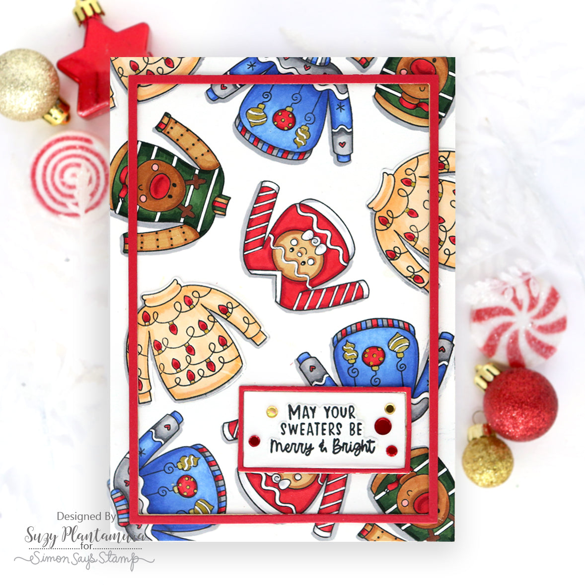 Pink and Main Warm and Fuzzy STAMPtember Exclusive Stamps and Dies Suzy Plantamura Holiday Sweaters Card