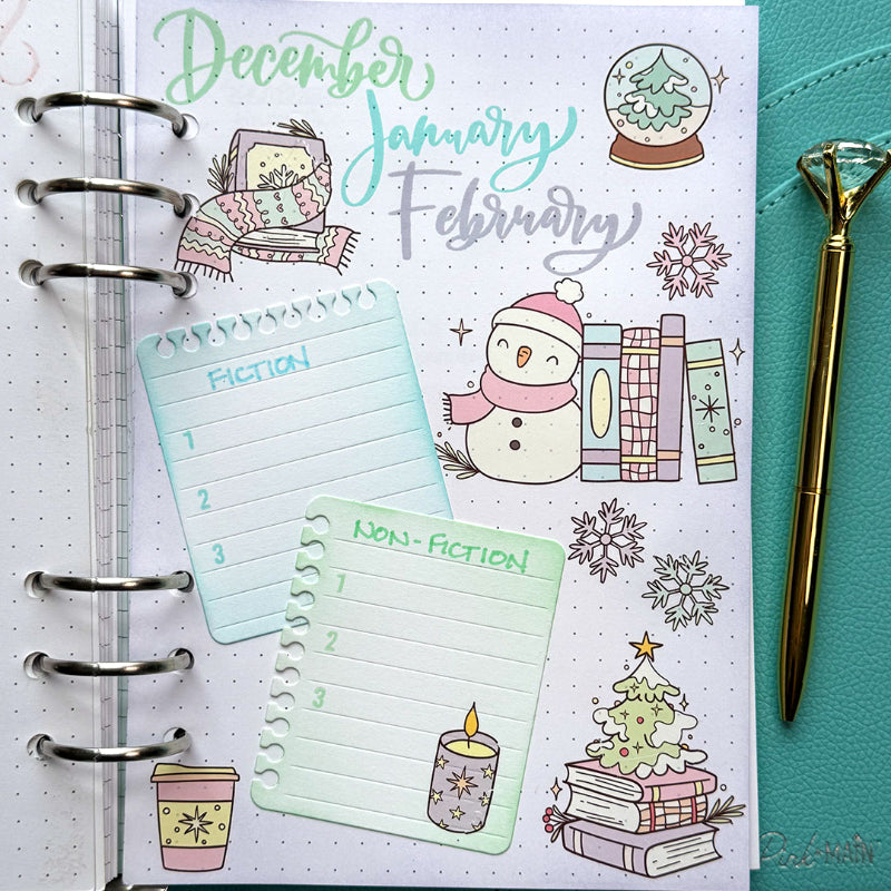 Pink and Main Winter Bookish Rub-ons pmr019 journal page