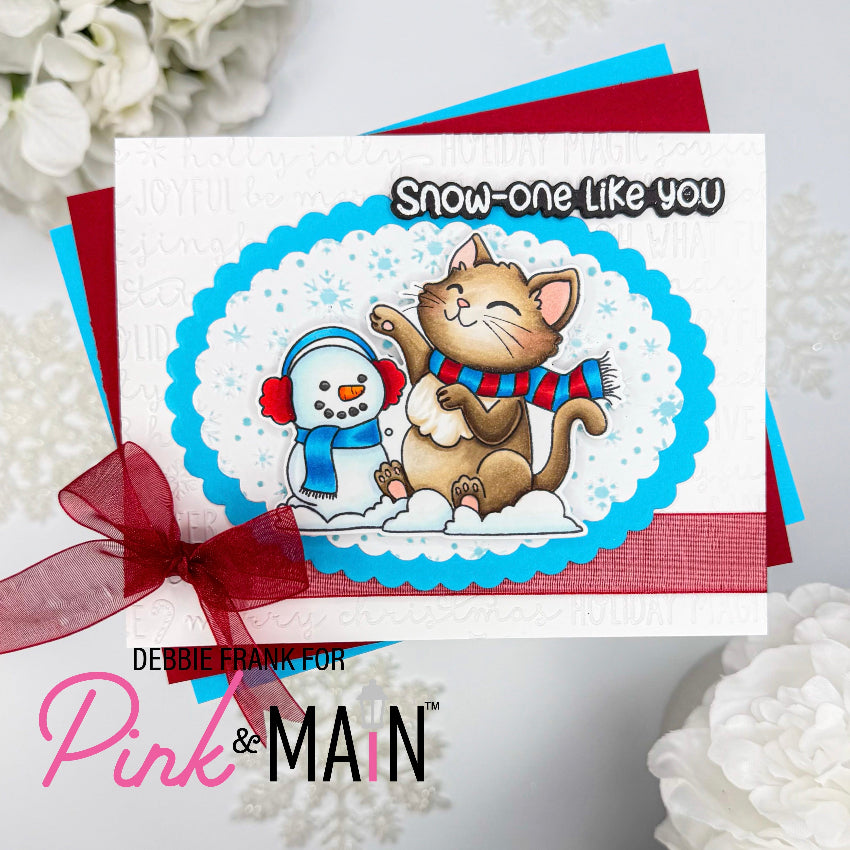 Pink and Main Winter Flurries 6x6 Embossing Folder pmt121 cat snowman red bow card