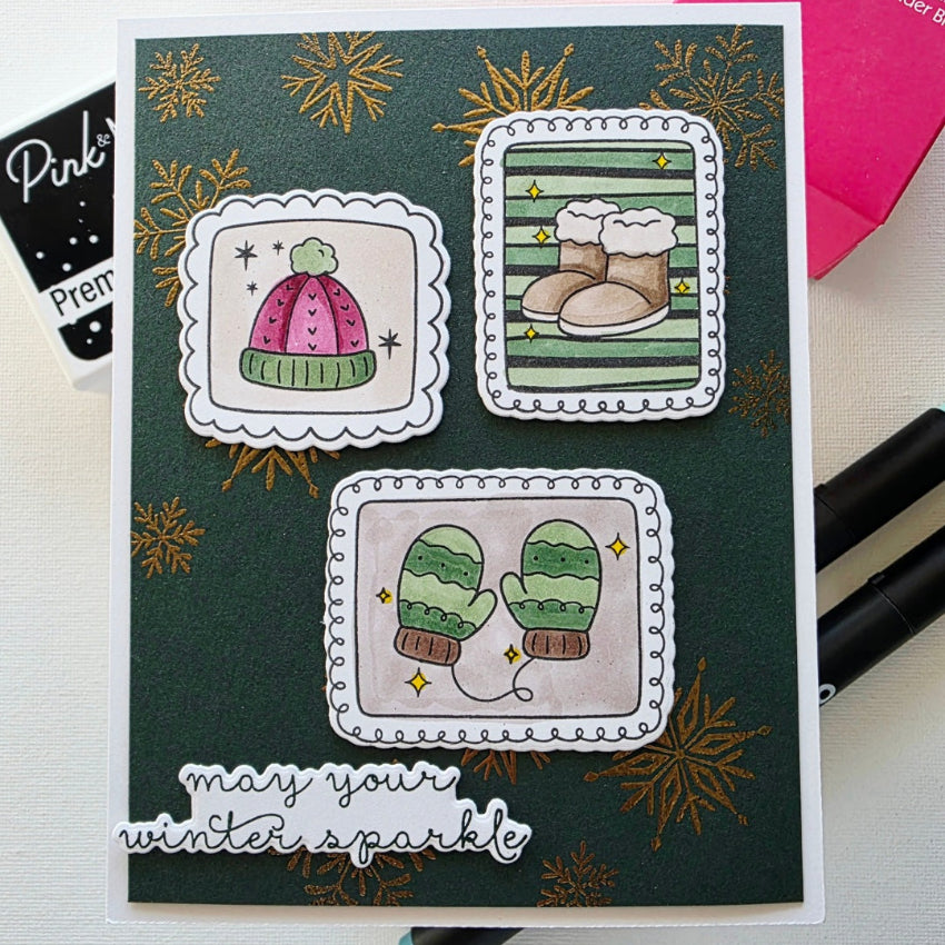 Pink and Main Worth Melting For Clear Stamps pm0921 gold snowflakes card