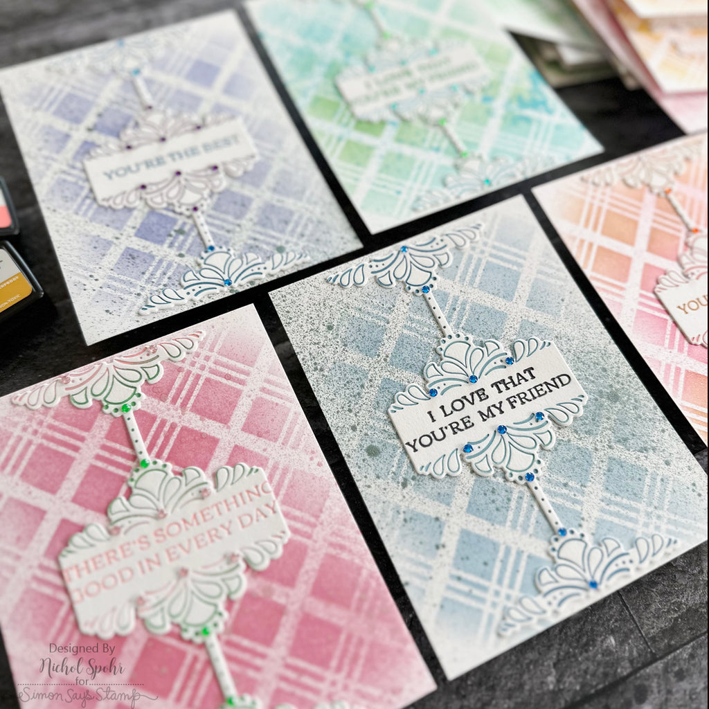 Pinkfresh Studio Deco Sentiment Backdrop Press Plate 216523 Colorful Plaid Cards | color-code:ALT02