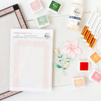 Pinkfresh Studio 4.75 x 6 EasyBlend Grip Mat pf192es On Desk with Inks and Tools