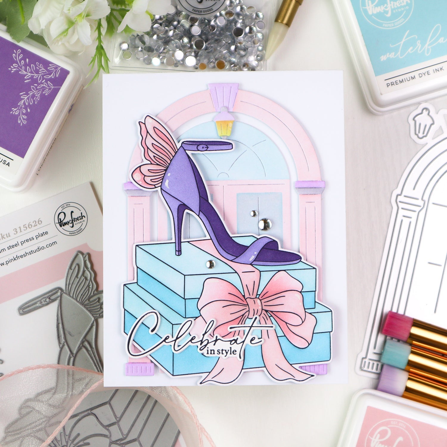 Pinkfresh Studio Arched Elegance Stencils 315226 Celebrate In Style Card