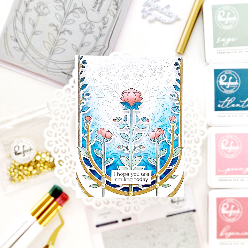 Pinkfresh Studio Art Deco Floral Arch Cling Stamps 255624 I hope you are smiling today card by Anett