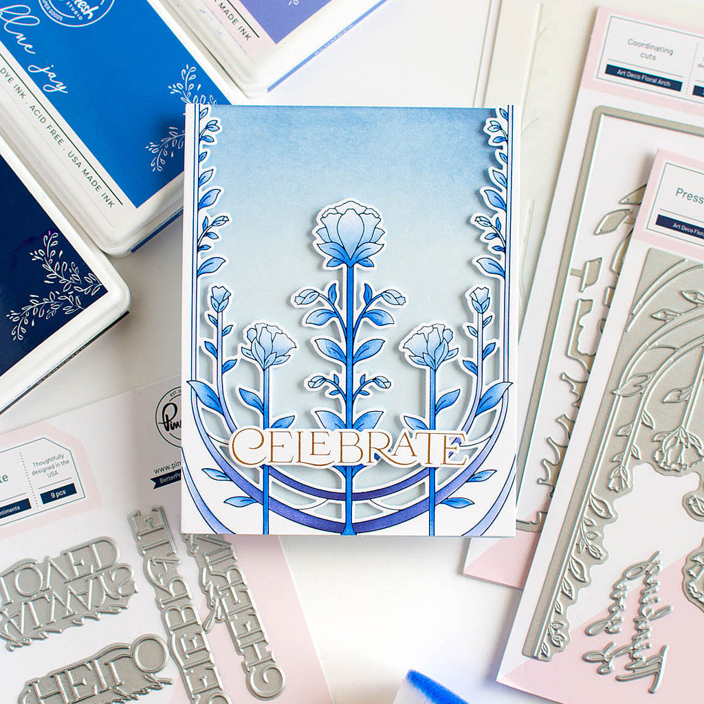 Pinkfresh Studio Art Deco Floral Arch Press Plate 255924 Celebrate Blue Floral Card
