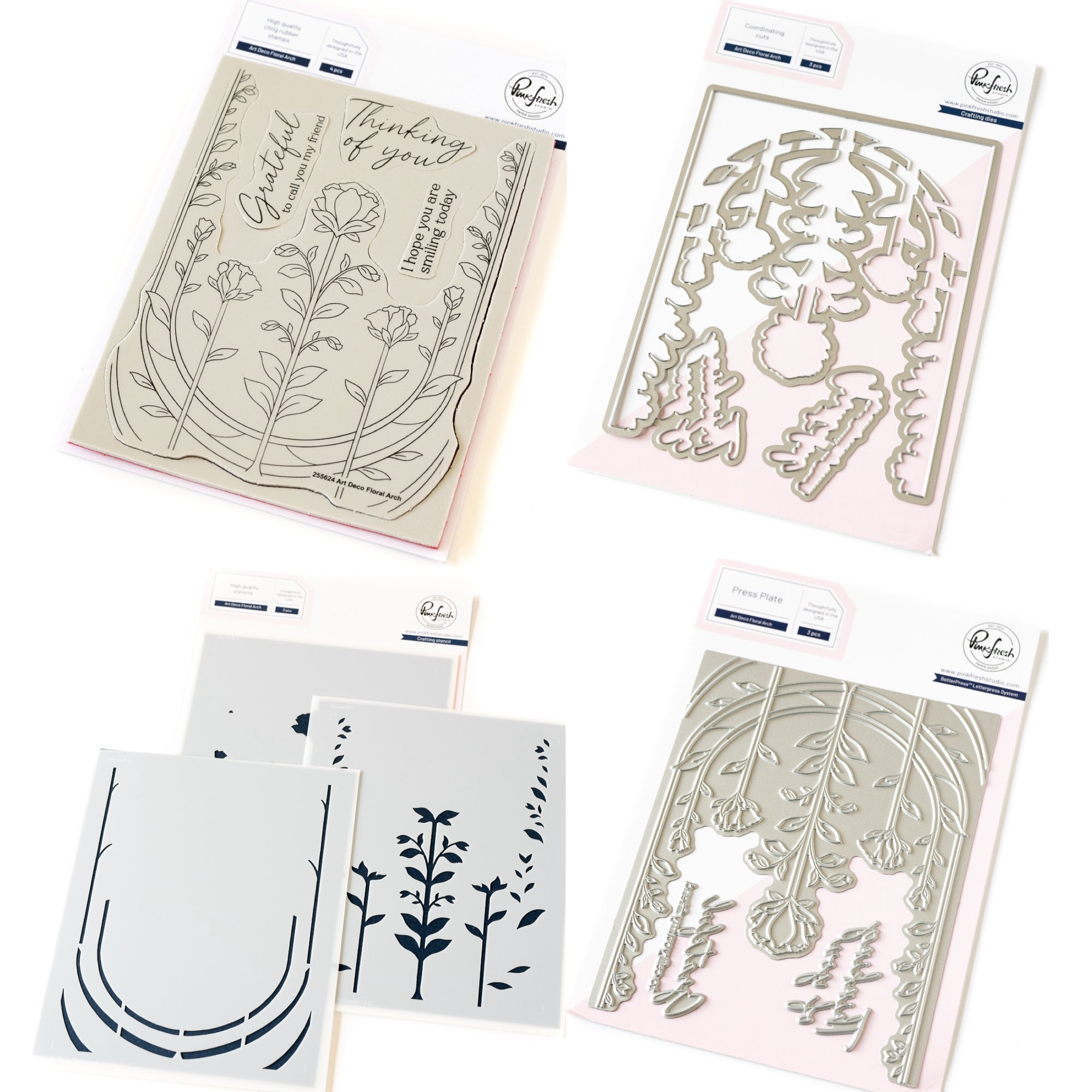 Pinkfresh Studio Art Deco Floral Arch Stamps Dies Stencils And Press Plates Bundle