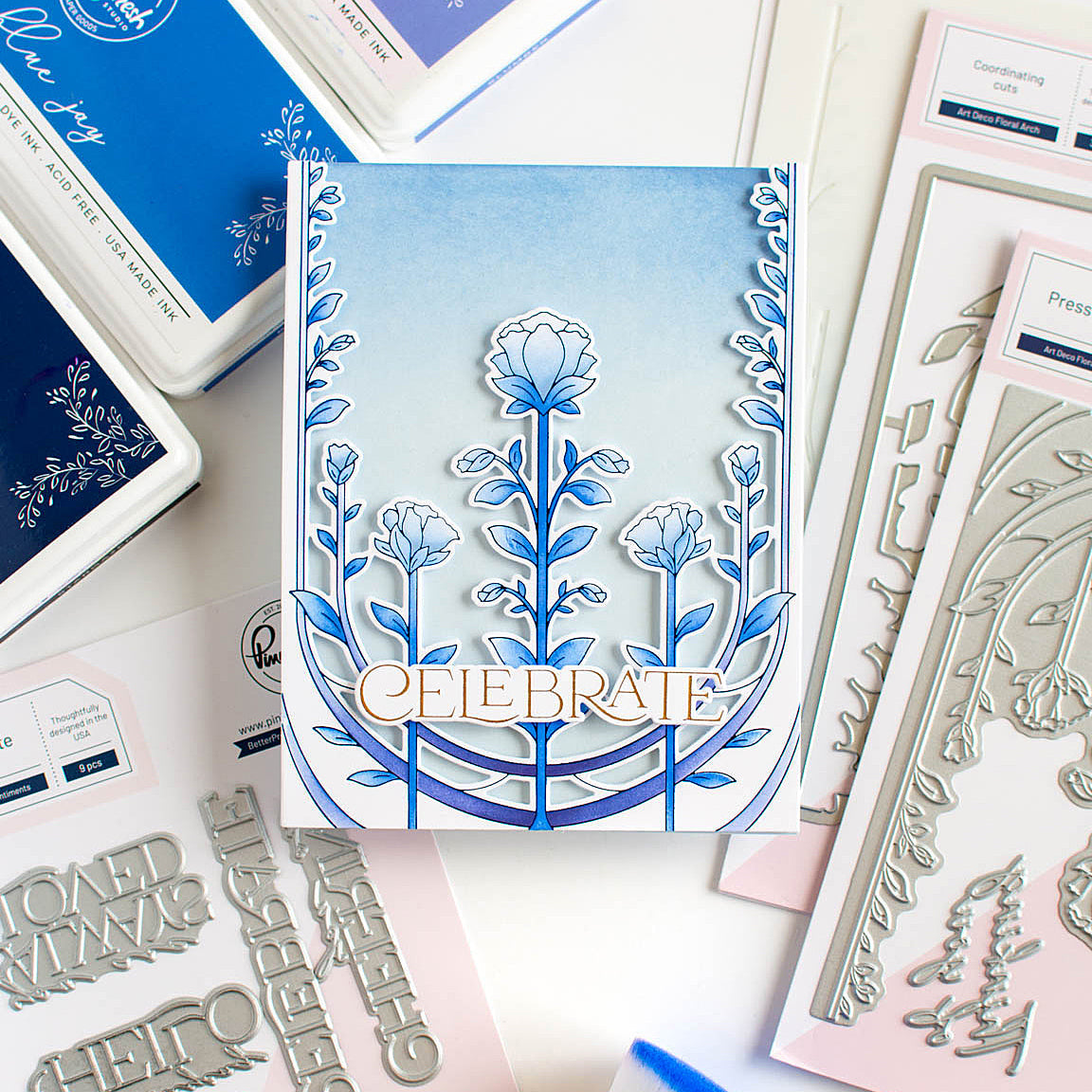 Pinkfresh Studio Art Deco Floral Arch Stencils 255824 Blue Celebrate Card