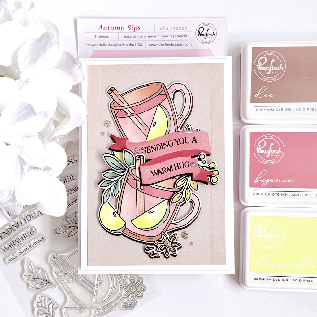 Pinkfresh Studio Autumn Sips Clear Stamps Dies Stencils And Press Plates Bundle Sending Warm Hugs Card