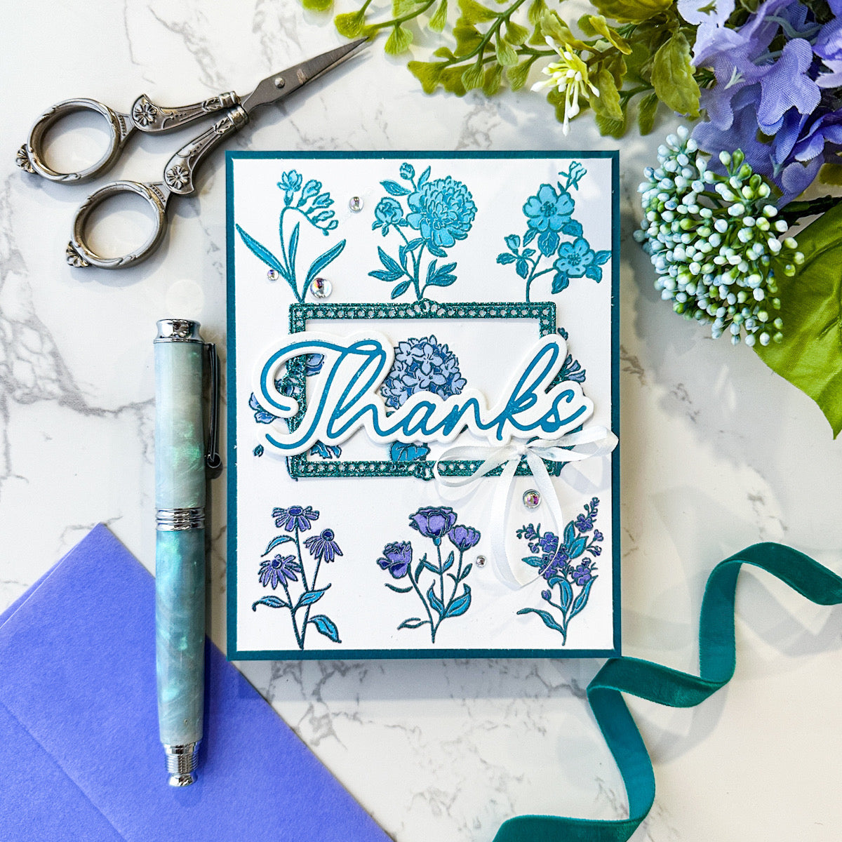 Pinkfresh Studio Beautiful Botanicals Cling Stamp 264524 Floral Thanks Card | color-code:ALT01