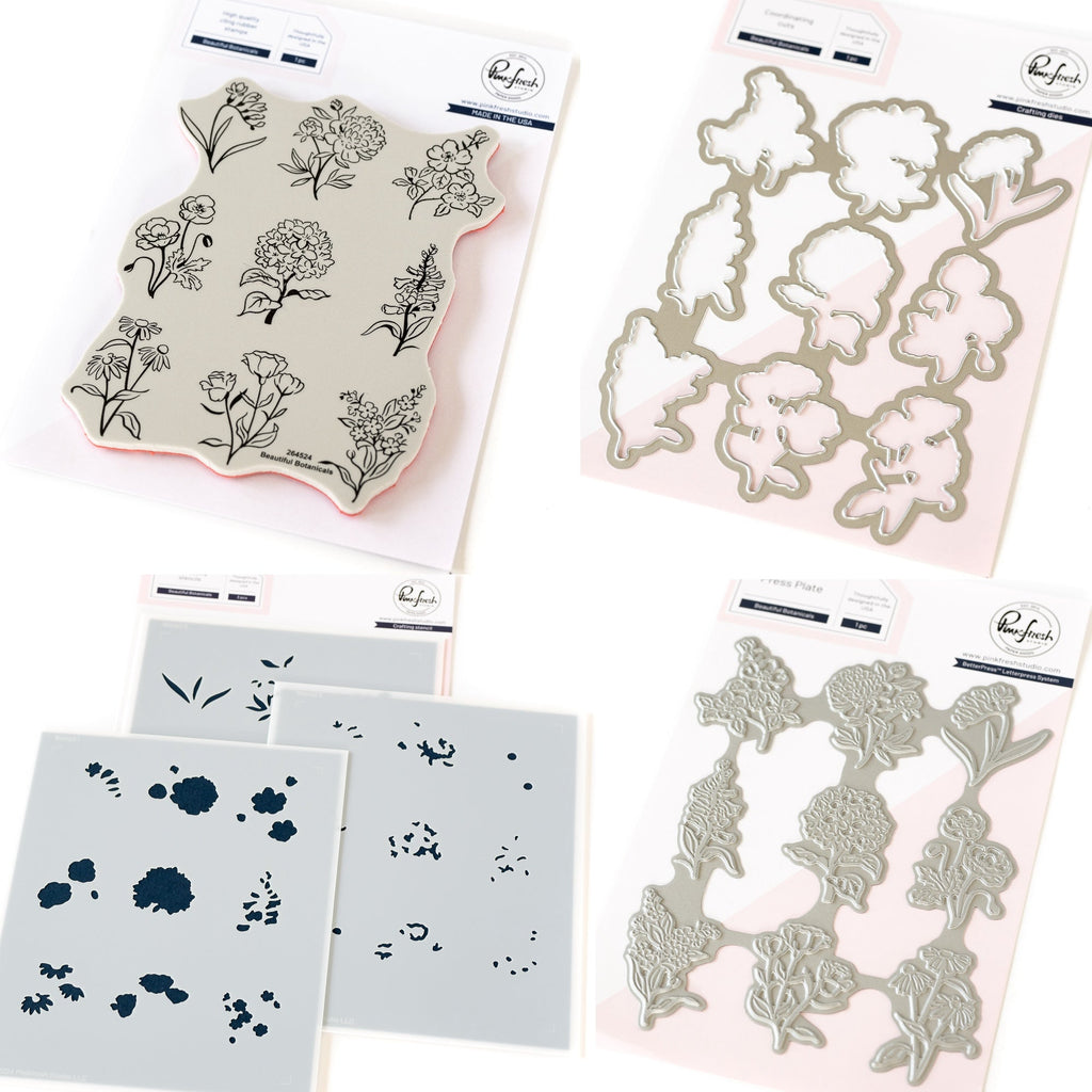 Pinkfresh Studio Beautiful Botanicals Cling Stamp Die Stencils And Press Plate Bundle