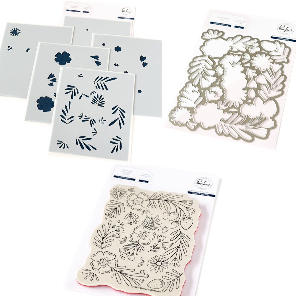 Pinkfresh Studio Berries And Blossoms Stamp Die And Stencils Bundle