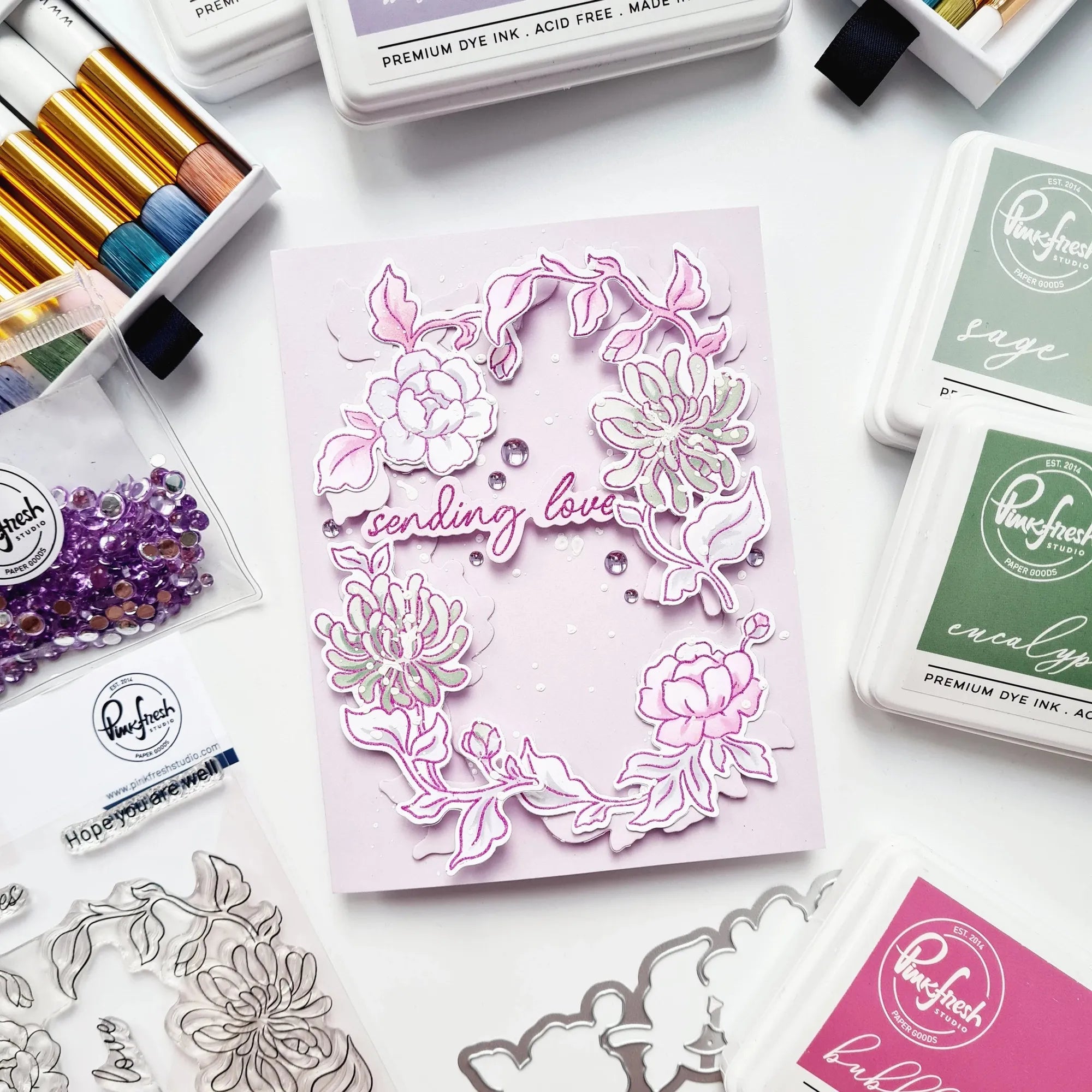 Pinkfresh Studio Best Wishes Stamps Dies Stencils And Hot Foil Plate Bundle Andrea Card