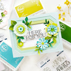 Pinkfresh Studio Blanket Stitched Octagons Dies pf162es Blue And Green Here For You Card by Raquel