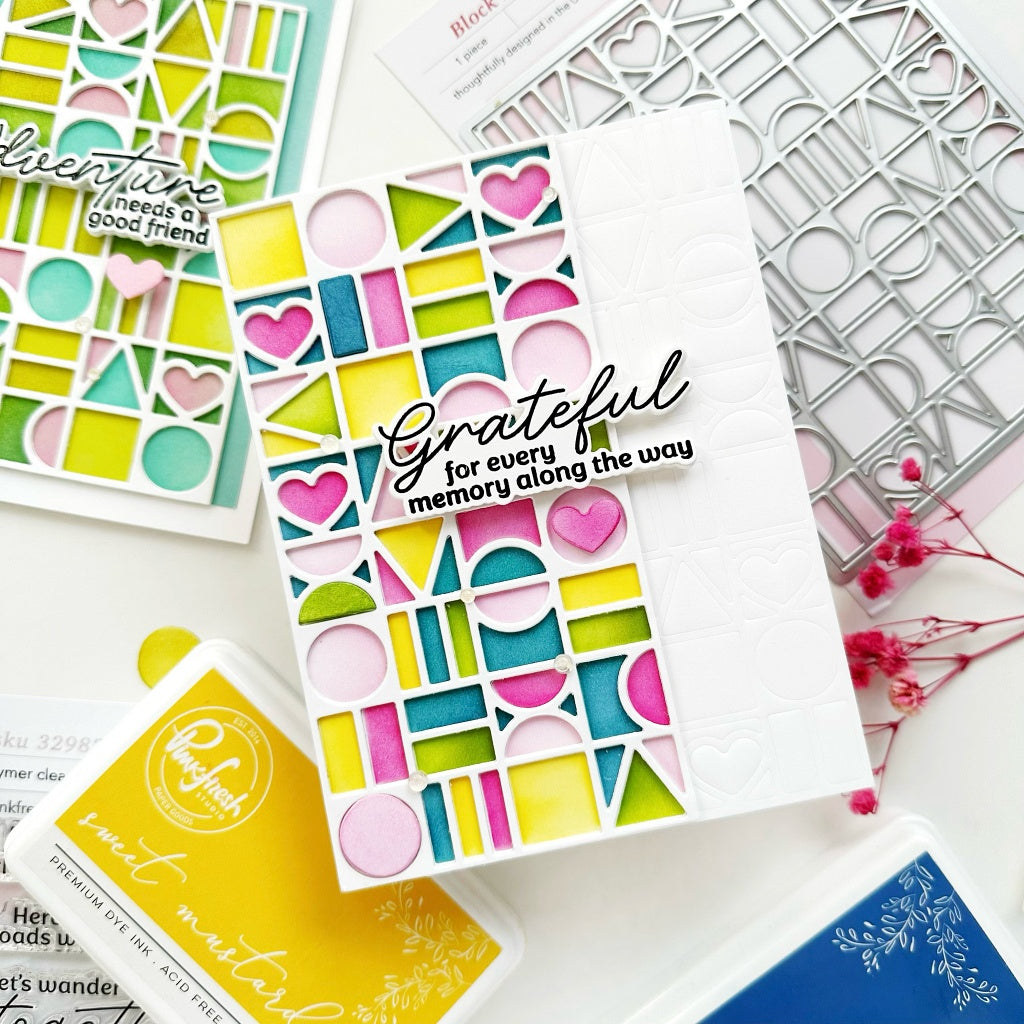 Pinkfresh Studio Block Party Coverplate Die 330626 Grateful for every memory along the way card by Raquel
