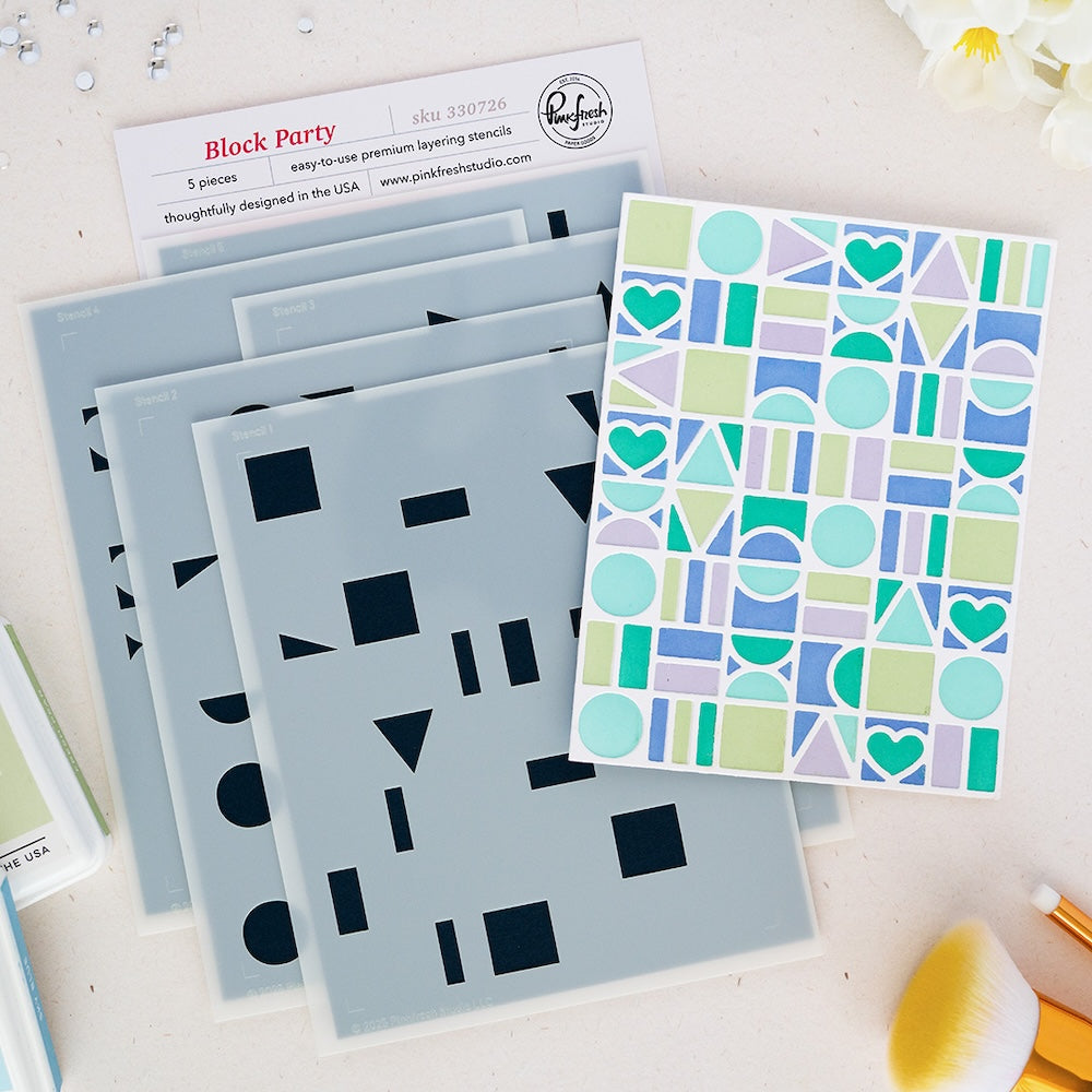 Pinkfresh Studio Block Party Coverplate Die And Stencils Bundle 330726 Stencils and Colorful Outline Image