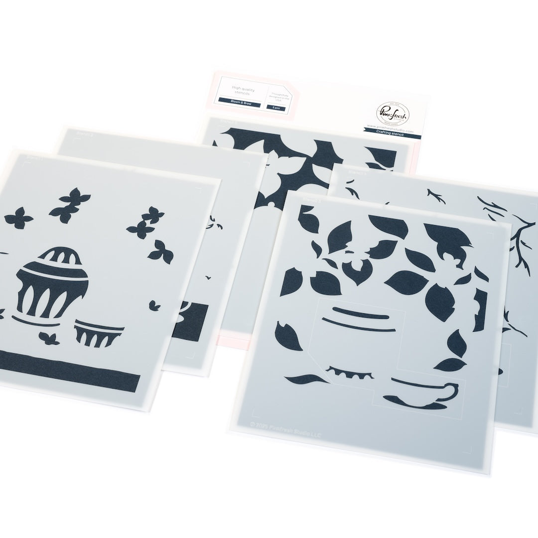 Pinkfresh Studio Bloom And Brew Cling Stamp Stencils and Press Plate Bundle 306625