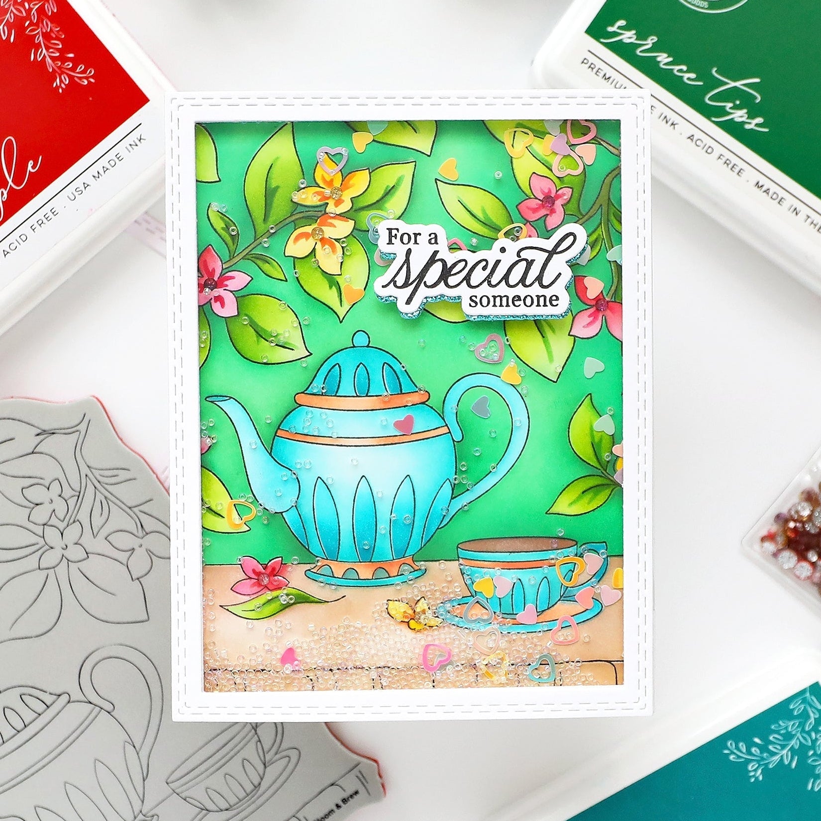 Pinkfresh Studio Bloom And Brew Stencils 306625 Isha For a special someone Card