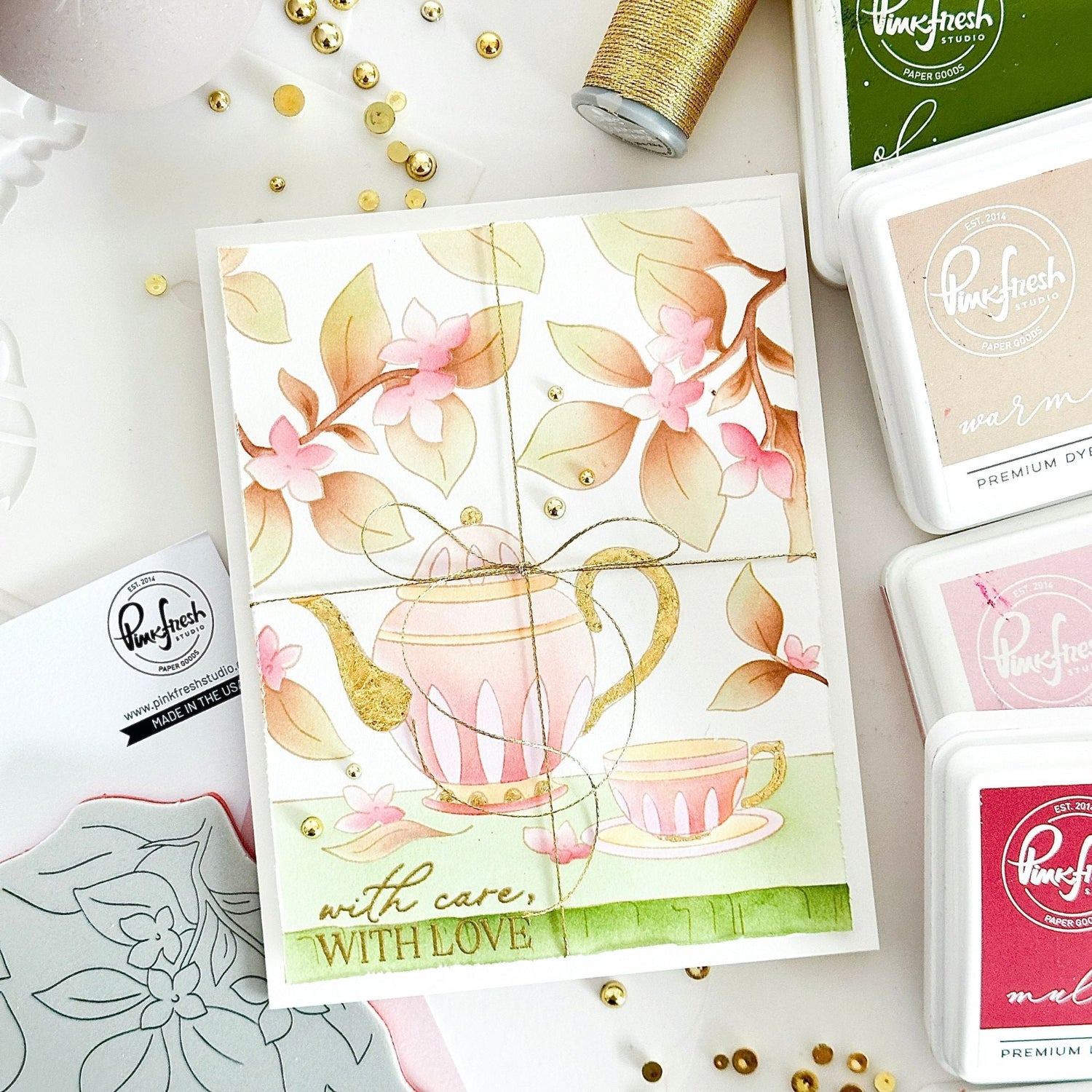 Pinkfresh Studio Bloom And Brew Stencils 306625 Karin with care with love card