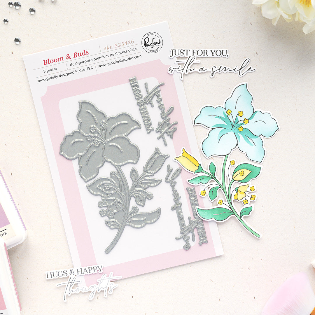 Pinkfresh Studio Bloom And Buds Clear Stamps Dies Stencils And Press Plates Bundle 325426 Set