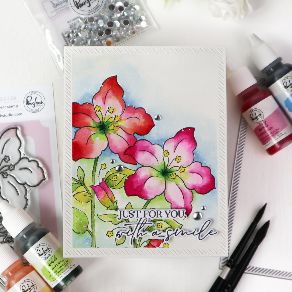 Pinkfresh Studio Bloom And Buds Clear Stamps Dies Stencils And Press Plates Bundle TaeEun Just for you with a smile card
