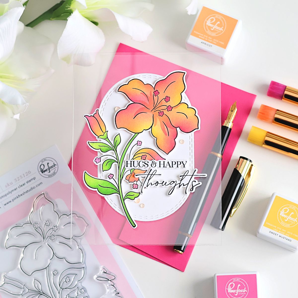 Pinkfresh Studio Bloom And Buds Stencils 325326 Hugs And Happy Thoughts Card