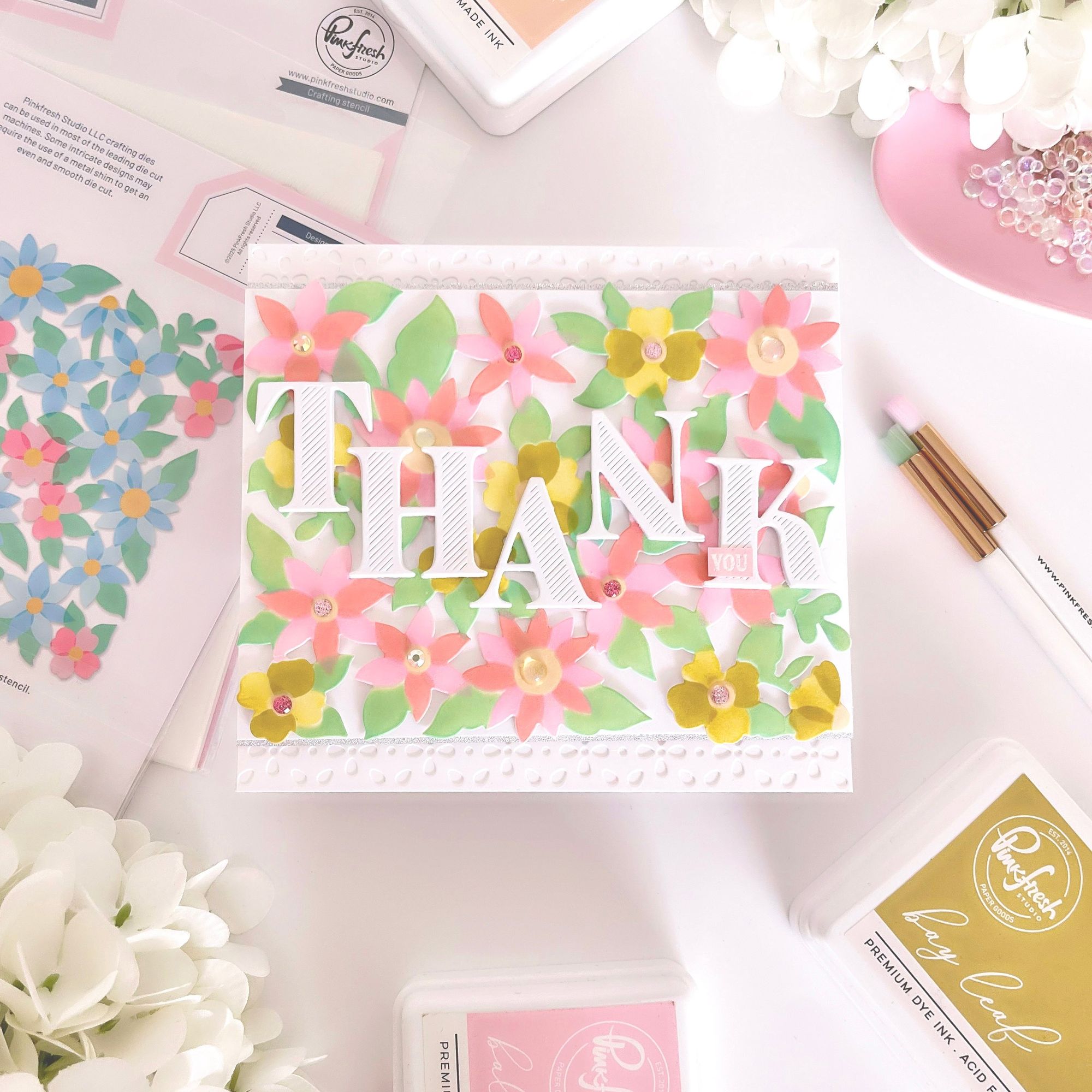 Pinkfresh Studio Bloom Burst Die And Stencils Bundle Floral Thanks Card