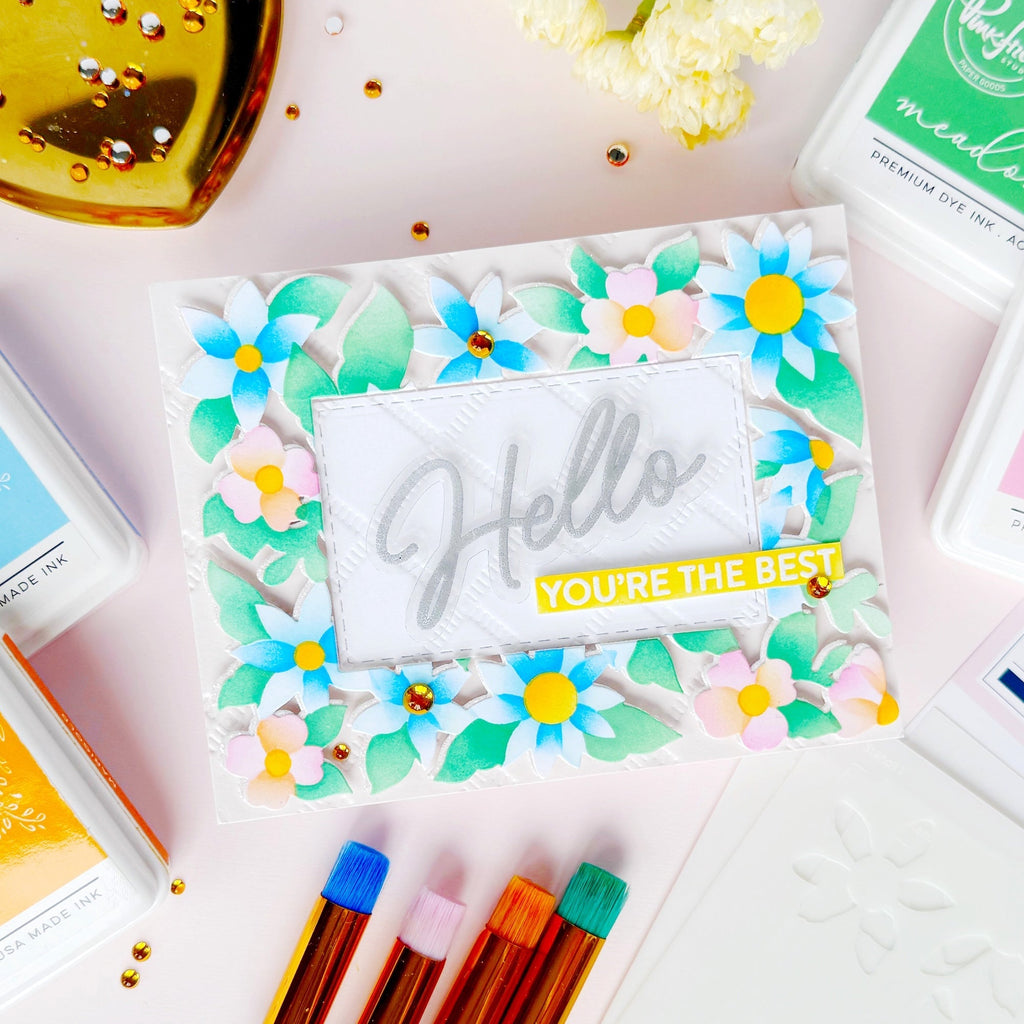 Pinkfresh Studio Bloom Burst Die And Stencils Bundle Hello You're The Best Card