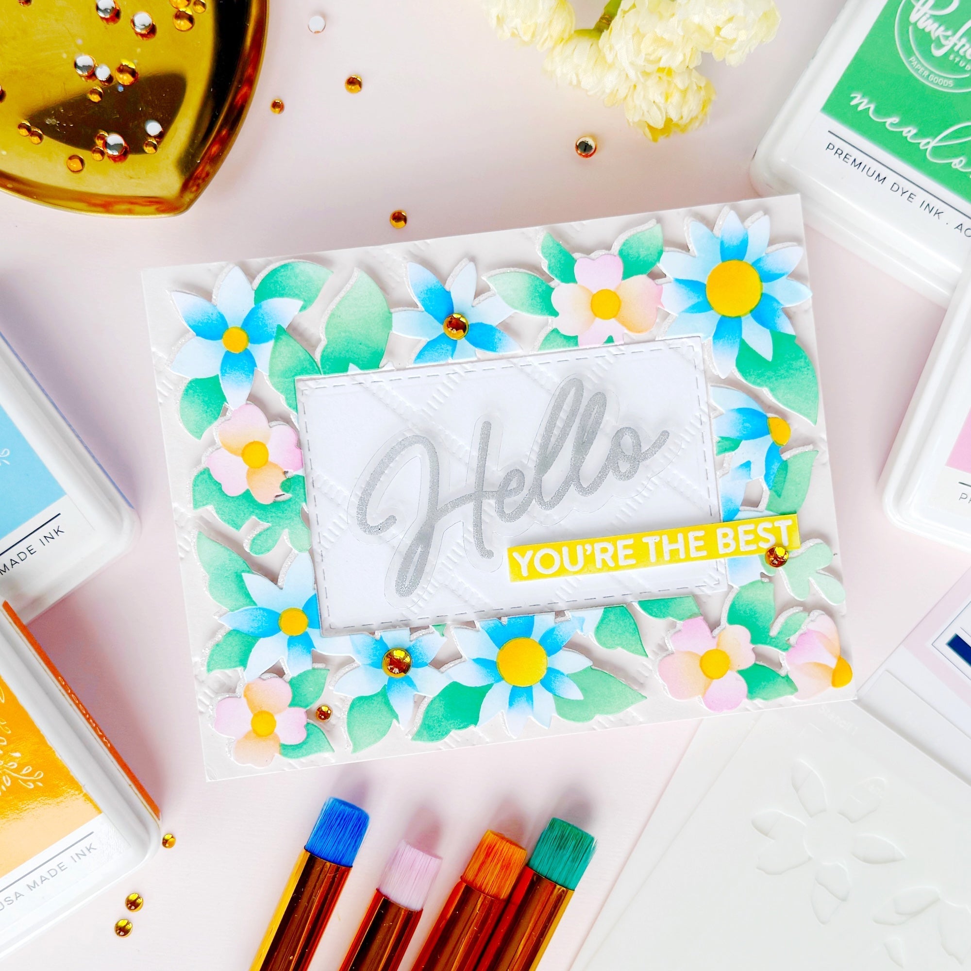 Pinkfresh Studio Bloom Burst Die And Stencils Bundle Hello You're The Best Card