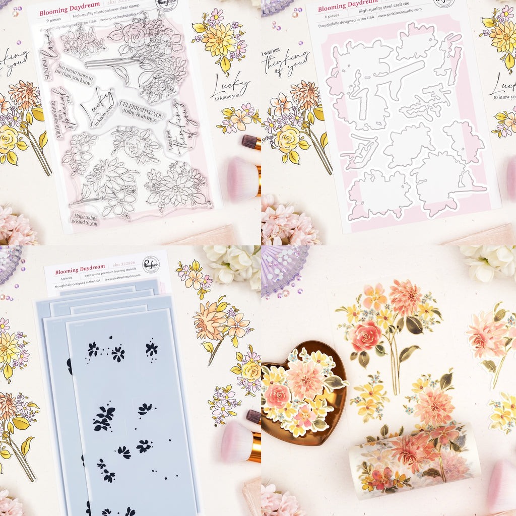 Pinkfresh Studio Blooming Daydream Clear Stamps Dies Stencils And Washi Tape Bundle