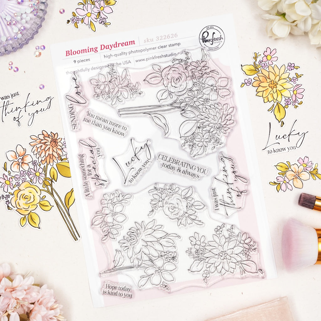 Pinkfresh Studio Blooming Daydream Clear Stamps Dies Stencils And Washi Tape Bundle 322626 Stamp Set
