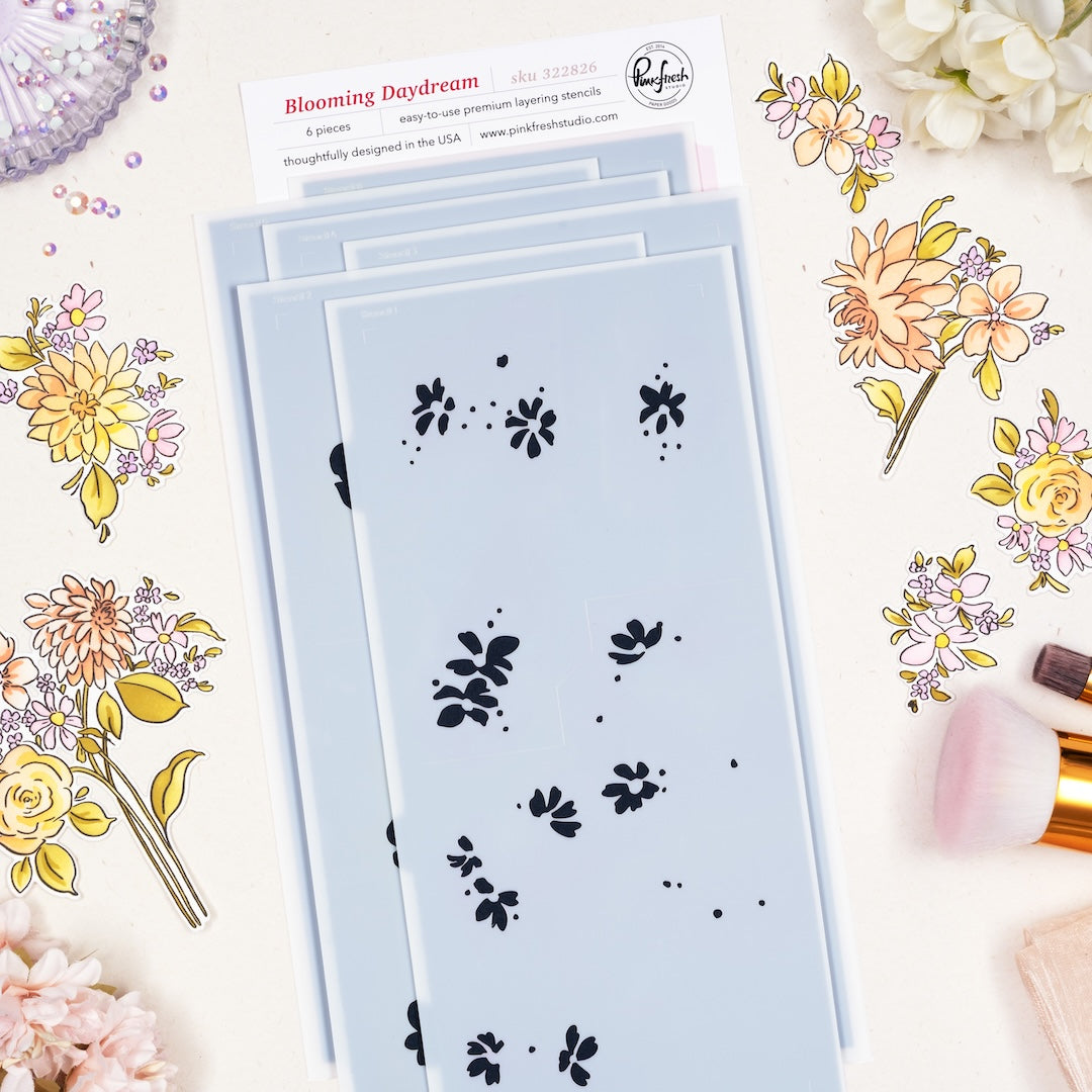 Pinkfresh Studio Blooming Daydream Clear Stamps Dies Stencils And Washi Tape Bundle 322826 Stencils Set of 6