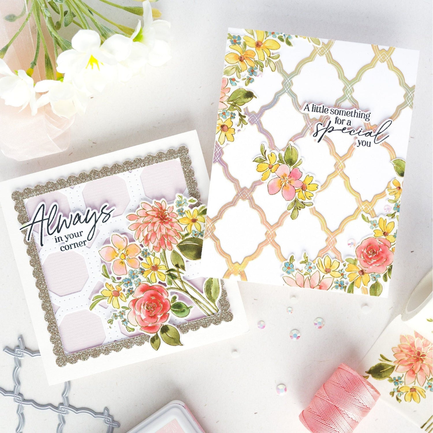 Pinkfresh Studio Blooming Daydream Washi Tape 322926 Quatrefoil Lattice Card Duo by Kathleen