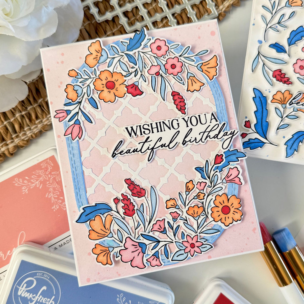 Pinkfresh Studio Bloomscape Die 306925 Dana wishing you a beautiful birthday coral and blue card