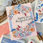 Pinkfresh Studio Bloomscape Die 306925 Dana wishing you a beautiful birthday coral and blue card