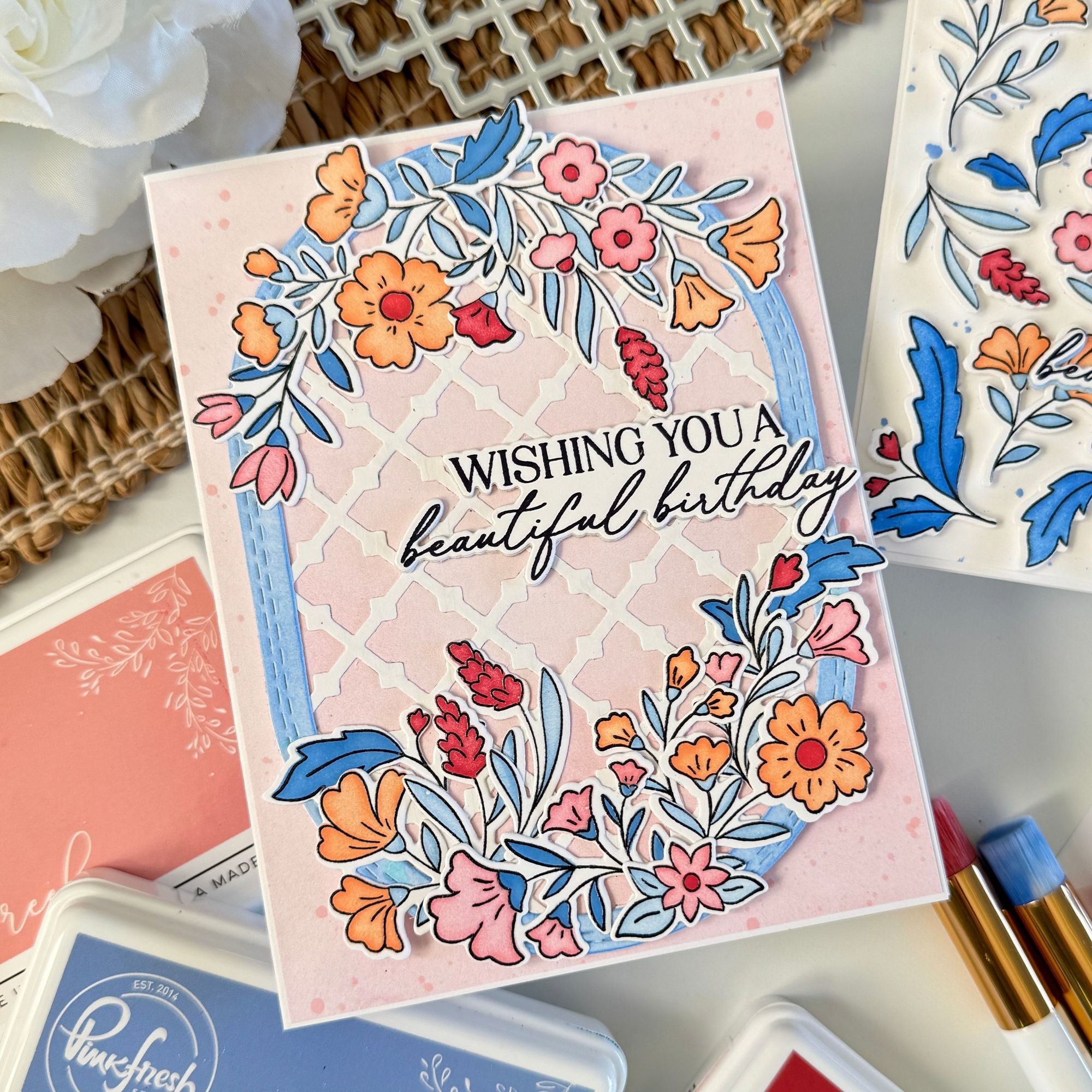 Pinkfresh Studio Bloomscape Die 306925 Dana wishing you a beautiful birthday coral and blue card
